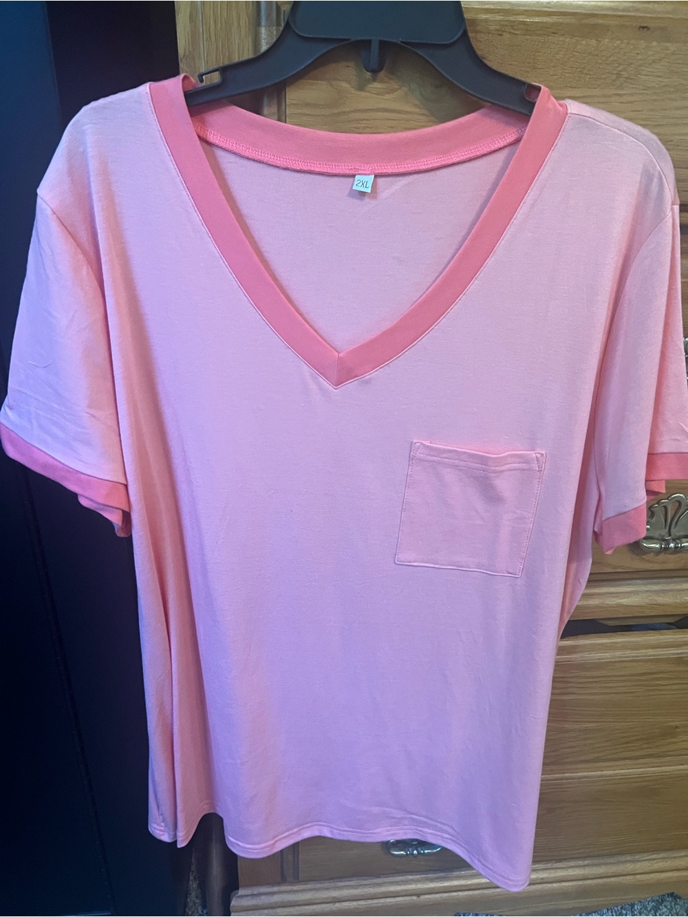 Unlisted Light Pink V-Neck Short Sleeve Pocket Tee with Coral Trim